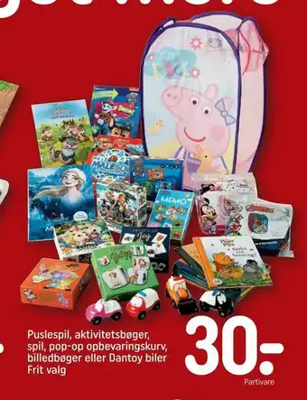REMA 1000 Puslespil, aktivitetsbøger, spil, pop-op opbevaringskurv, billedbøger eller Dantoy biler tilbud