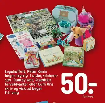 REMA 1000 Legekuffert, Peter Kanin bøger, plysdyr i taske, stickers sæt, Dantoy sæt, Staedtler farveblyanter eller Gurli Gris skriv og tilbud