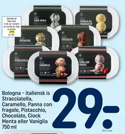 REMA 1000 Bologna - italiensk is Stracciatella, Caramello, Panna con fragole, Pistacchio, Chocolato, Ciock tilbud