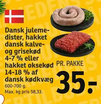 SPAR Dansk julemedister, hakket dansk kalve og grisekød 4-7 % eller hakket oksekød 14-18 % af dansk kødkvæg tilbud