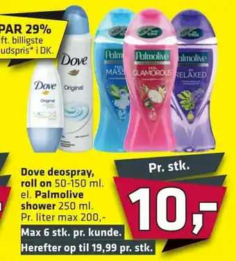 Fleggaard Dove deospray, roll on, Palmolive shower tilbud