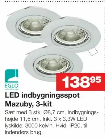 Bauhaus LED indbygningsspot Mazuby, 3-kit tilbud