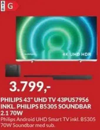Philips 43" UHD TV 43PUS7956 Inkl. Philips B5305 Soundbar 2.1 70W