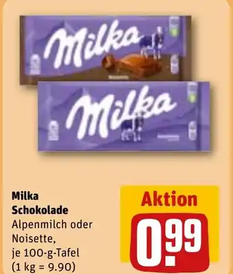 REWE MILKA Schokolade Alpenmilch oder Noisette, tilbud