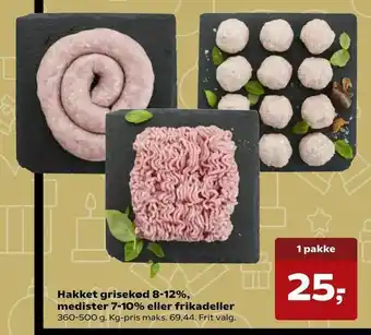 Hakket grisekød 8-12%, medister 7-10% eller frikadeller