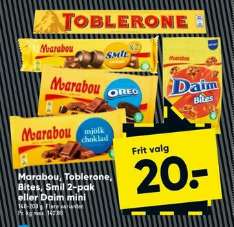 Bilka Marabou, Toblerone, Bites, Smil 2-pak eller Daim mini tilbud