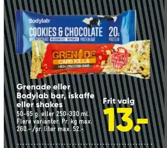 Bilka Grenade eller Bodylab bar, iskaffe eller shakes tilbud