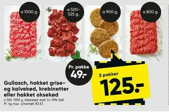 Bilka Gullasch, hakket grise og kalvekød, krebinetter eller hakket oksekød tilbud