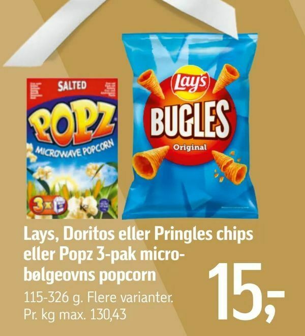 Lays, Doritos eller Pringles chips eller Popz 3pak micro bølgeovns popcorn tilbud hos Føtex