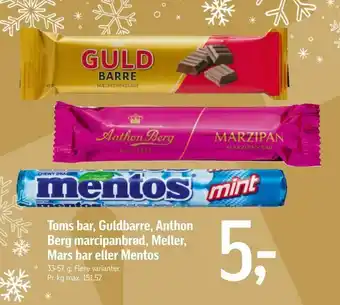 Føtex Toms bar, Guldbarre, Anthon Berg marcipanbrød, Meller, Mars bar eller Mentos tilbud