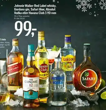 Føtex Johnnie Walker Red Label whisky, Gordons gin, Safari likør, Absolut Vodka eller Havana Club 3 YO rom tilbud