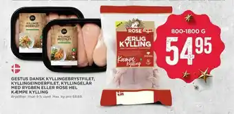 MENY Gestus dansk kyllinge brystfilet, kyllingeinderfilet, kyllingelår med rygben eller rose hel kæmpe kylling tilbud