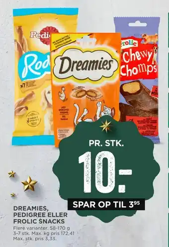 MENY Dreamies, pedigree eller frolic snacks tilbud
