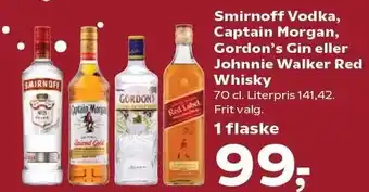 Kvickly Smirnoff Vodka, Captain Morgan, Gordon's Gin eller Johnnie Walker Red Whisky tilbud