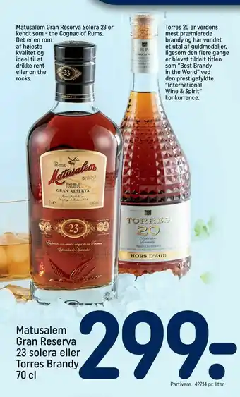 REMA 1000 Matusalem Gran Reserva 23 solera eller Torres Brandy tilbud