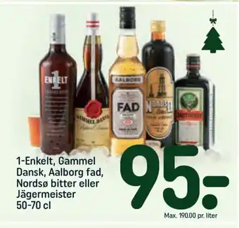 Rema 1000 1-Enkelt, Gammel Dansk, Aalborg fad, Nordsø bitter eller Jägermeister tilbud