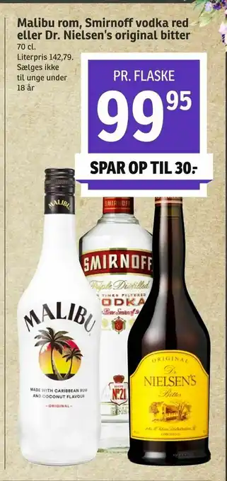 Malibu rom, Smirnoff vodka red eller Dr. Nielsen's original bitter