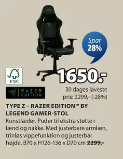 JYSK TYPE Z – RAZER EDITION BY LEGEND GAMER-STOL tilbud