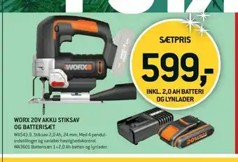 XL-BYG Worx 20v akku stiksav og batterisæt tilbud