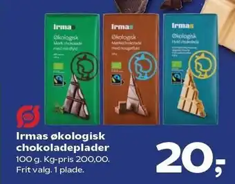 Kvickly Irmas økologisk chokoladeplader tilbud