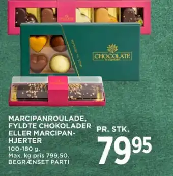 MENY Marcipanroulade, fyldte chokolader eller marcipan- hjerter tilbud