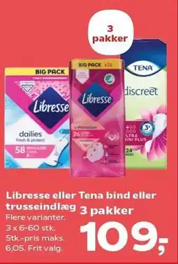 Kvickly Libresse eller Tena bind eller trusseindlæg - 3 pakker tilbud