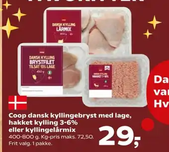 Kvickly COOP dansk kyllingebryst med lage, hakket kylling 3-6% eller kyllingelårmix tilbud