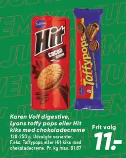 Bilka KAREN VOLF digestive, Lyons toffy pops eller Hit kiks med chokoladecreme tilbud