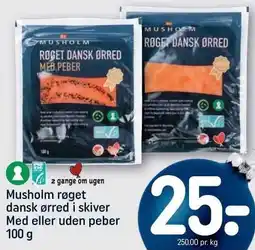 REMA 1000 Musholm røget dansk ørred i skiver Med eller uden peber 100 g tilbud