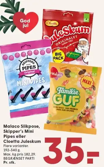 SPAR Malaco Slikpose, Skipper's Mini Pipes eller Cloetta Juleskum tilbud