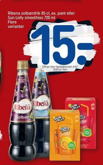 REMA 1000 Ribena solbærdrik 85 cl, ex. pant eller Sun Lolly smoothies 720 ml tilbud