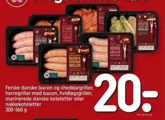REMA 1000 Ferske danske bacon og cheddargriller, herregriller med bacon, hvidløgsgriller, marinerede danske koteletter eller nakkekotel tilbud