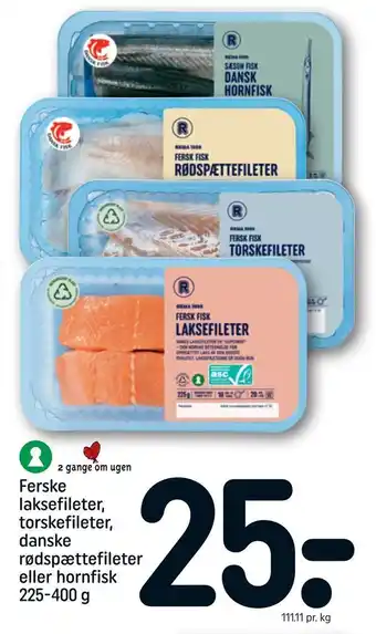 Ferske laksefileter, torskefileter, danske rødspættefileter eller hornfisk