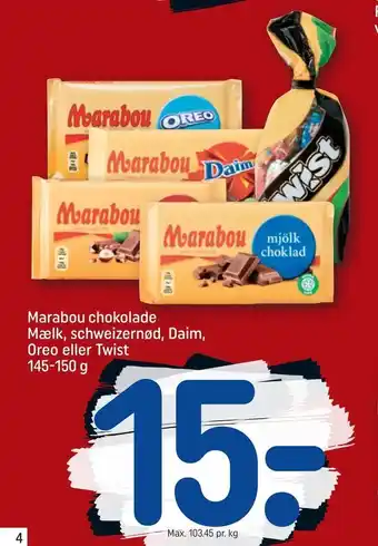 REMA 1000 Marabou chokolade Mælk, schweizernød, Daim, Oreo eller Twist tilbud