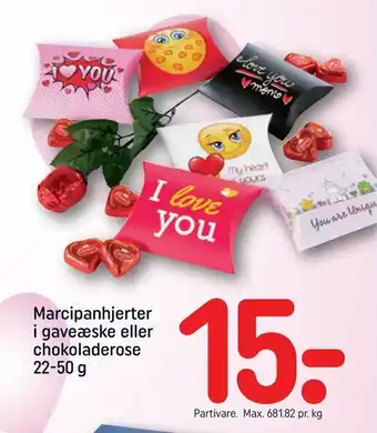 Marcipanhjerter i gaveæske eller chokoladerose