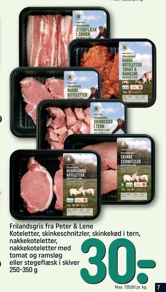 REMA 1000 Frilandsgris fra Peter & Lene Koteletter, skinkeschnitzler, skinkekød i tern, nakkekoteletter, nakkekoteletter med tomat og r tilbud