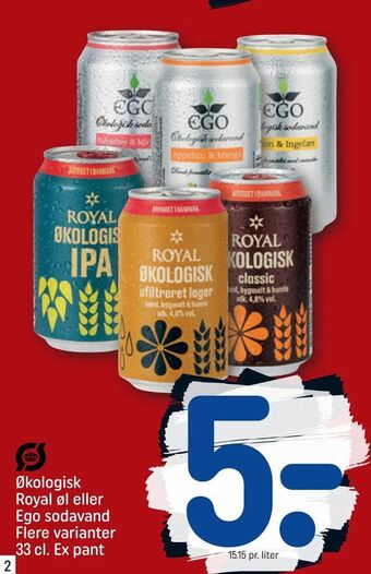 REMA 1000 Økologisk Royal øl eller Ego sodavand tilbud