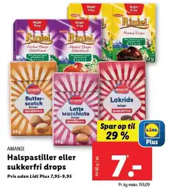 Lidl AMANIE Halspastiller eller sukkerfri drops tilbud