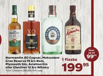 Kvickly Normandin XO Cognac, Matusalem Gran Reserva 15 års Rom, Plymouth Gin, Aviation Gin eller Glenlivet 12 års Whisky tilbud