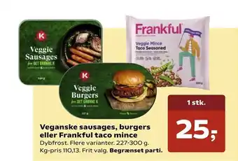 Veganske sausages, burgers eller Frankful taco mince