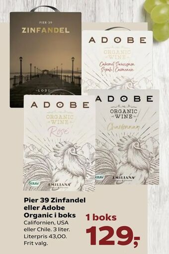 Kvickly Pier 39 Zinfandel eller Adobe Organic i boks tilbud