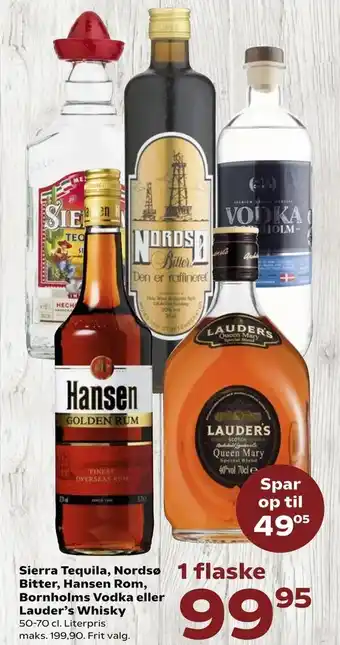 SuperBrugsen Sierra Tequila, Nordsø Bitter, Hansen Rom, Bornholms Vodka eller Lauder's Whisky tilbud