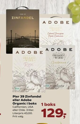 SuperBrugsen Pier 39 Zinfandel eller Adobe Organic i boks tilbud