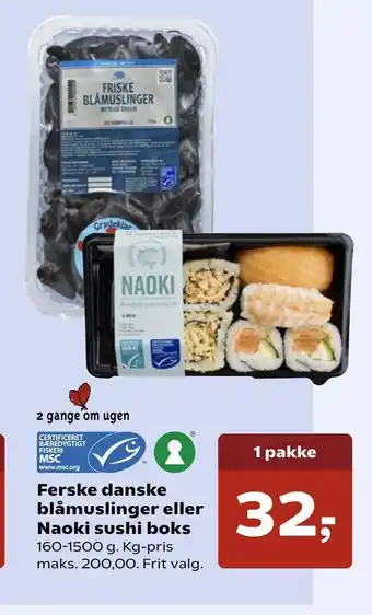 SuperBrugsen Ferske danske blåmuslinger eller Naoki sushi boks tilbud