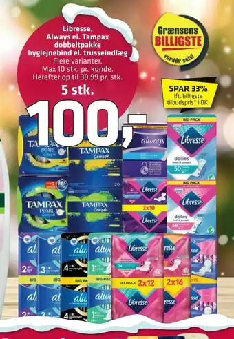 Fleggaard Libresse, Always el. Tampax dobbeltpakke hygiejnebind el. trusseindlæg tilbud