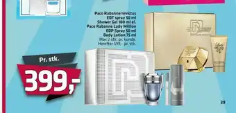 Fleggaard Paco Rabanne Invictus EDT spray 50 ml Shower Gel 100 ml el. Paco Rabanne Lady Million EDP Spray 50 ml Body Lotion 75 ml tilbud