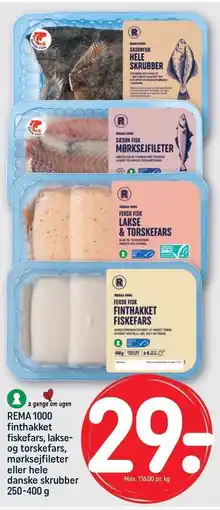 REMA 1000 REMA 1000 finthakket fiskefars, lakse- og torskefars, mørksejfileter eller hele danske skrubber tilbud