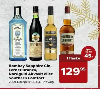 Bombay Sapphire Gin, Fernet Branca, Nordguld Akvavit eller Southern Comfort