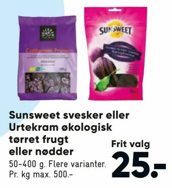 Bilka Sunsweet svesker eller Urtekram økologisk tørret frugt eller nødder tilbud