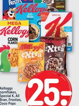 Kelloggs cornflakes, Special K, All Bran, Frosties, Coco Pops eller granola